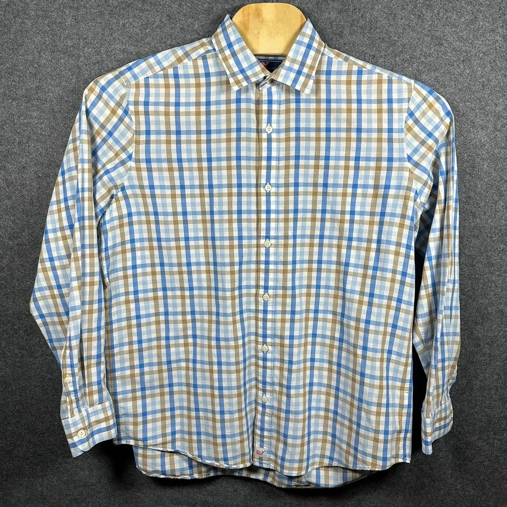 Vineyard Vines Mens Large Classic‎ Fit Cooper Shirt Blue Brown Plaid Preppy